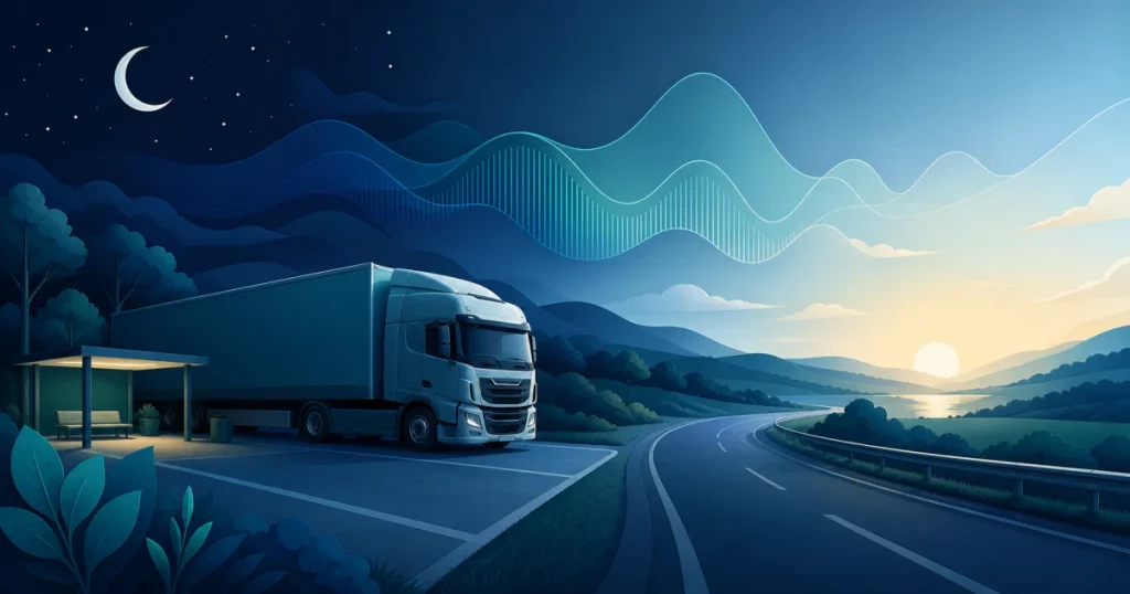 Narcolepsy and Driver Medicals 1 Illustration of a lorry parked between night and sunrise, representing narcolepsy and driver safety